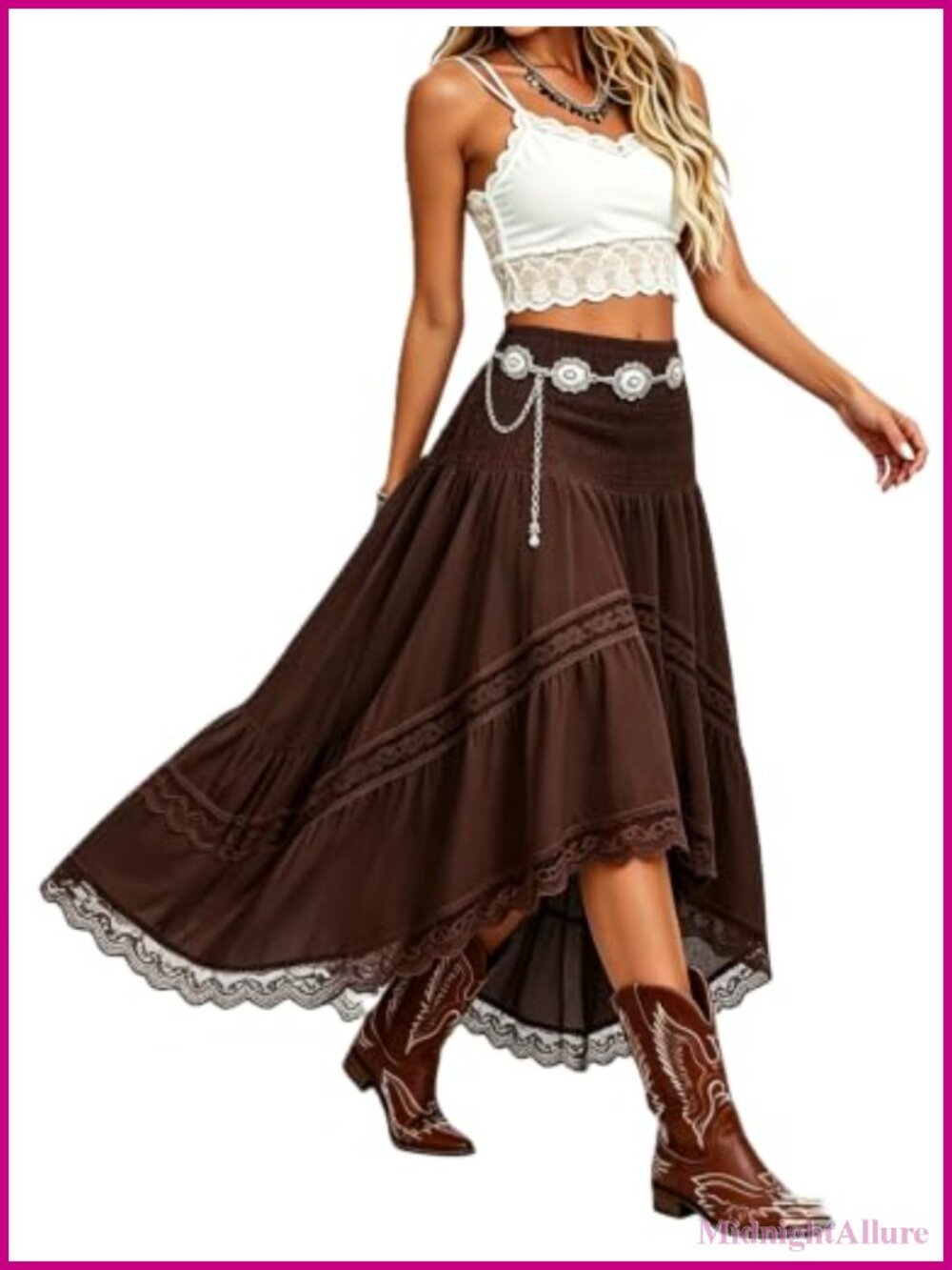 Women's Boho Maxi Skirt Flowy High Waist A-Line Long Tiered Ruffle Hem